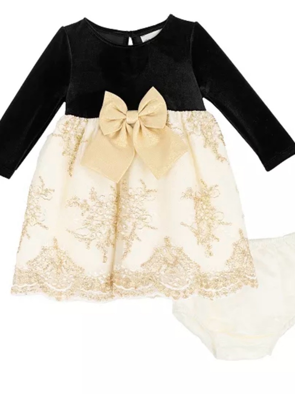 Rare Editions Black Velvet & Cream Gold Embroidered Baby Dress with Bow